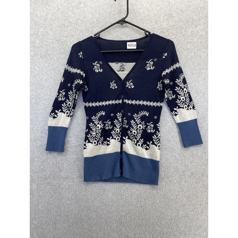Peppe Peluso Women's Button Front Cardigan Blue Wool Blend Floral Size small